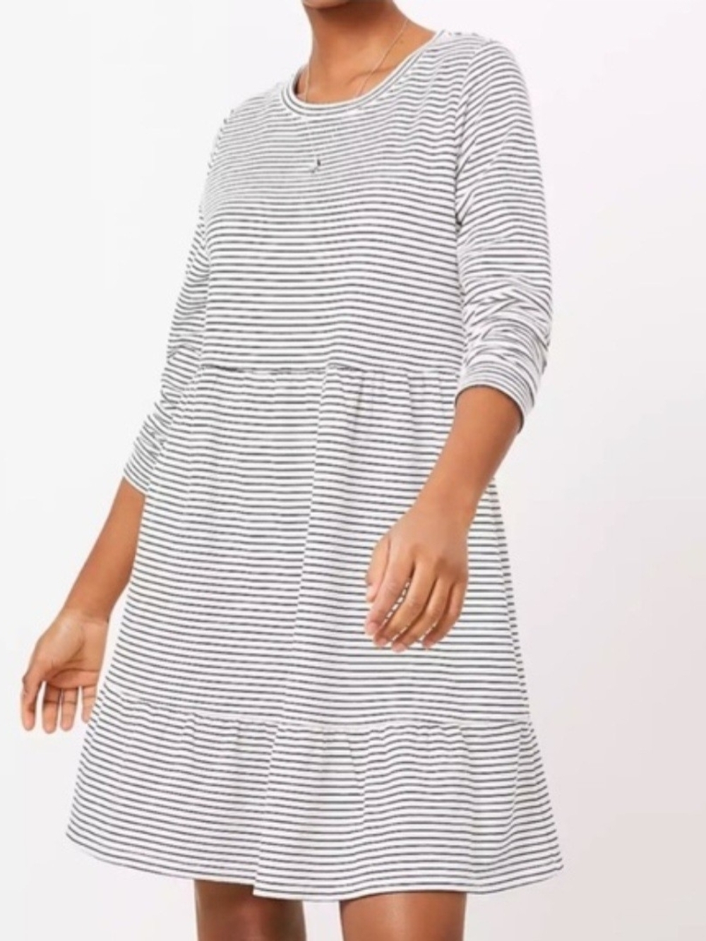 LOFT Black & White Striped Long-Sleeve Swing Dress - S